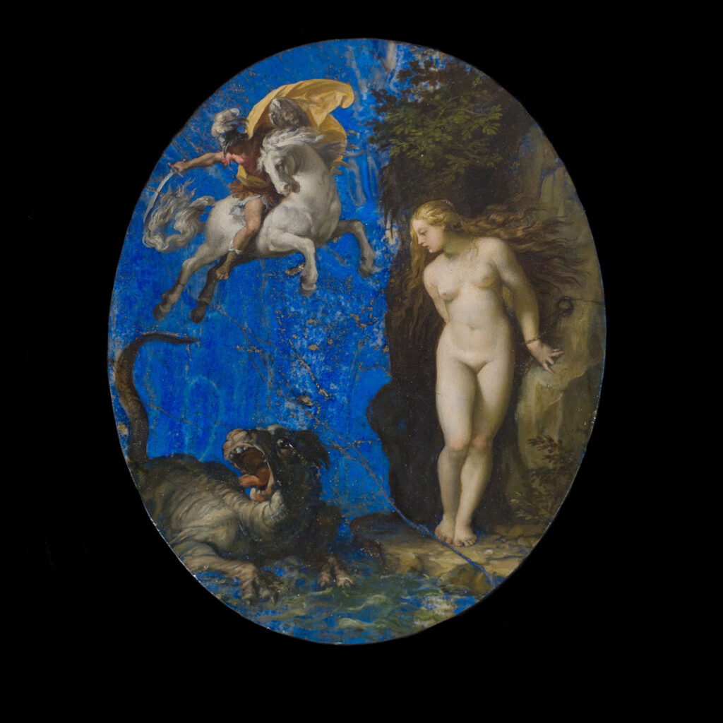 Giuseppe Cesari, called Cavaliere d’Arpino (Italian, 1568–1640), Perseus Rescuing Andromeda, ca. 1593–1594, oil on lapis lazuli backed with slate, 7 15/16 × 6 1/8 in. (20.2 × 15.6 cm). Saint Louis Art Museum, museum purchase, 2000, acc. no. 1:2000.