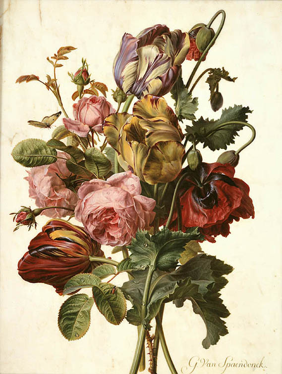 Gerard van Spaendonck (Dutch, 1746–1822), Bouquet of Mixed Flowers with Butterfly, Beetle, and Ladybug, 1796, oil on white marble, 20 × 14 7/8 in. (50.8 × 37.8 cm). Private Collection