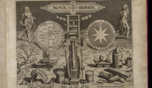 Title Plate, Nova Reperta. Caption: (I) America, (II) Magnetic Compass, (III) Gunpowder, (IV) Printing Press, (V) Iron Mechanical Clock, (VI) Guaiacum, (VII) Distillation, (VIII) Silkworm, (IX) Stirrup