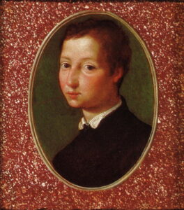 Attributed to Girolamo Macchietti (Italian, 1535–1592), Portrait of the Young Ferdinando de’ Medici, 1560s or 1570s, oil on red porphyry, 7 11/16 × 6 11/16 in. (19.5 × 17 cm). Private Collection 