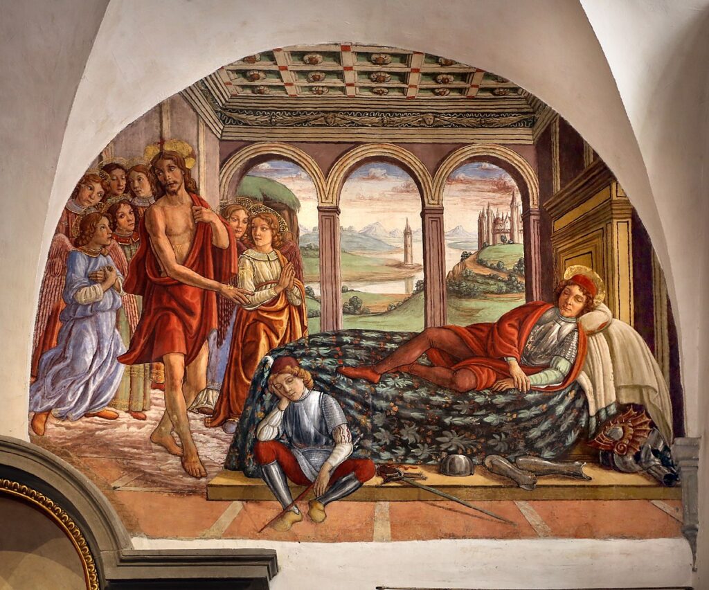 Master of the Fiesole Epiphany, Dream of Saint Martin, 1478‒1479, fresco, approx. 59 × 60 in. (150 × 180 cm). Oratorio dei Buonomini di San Martino, Florence