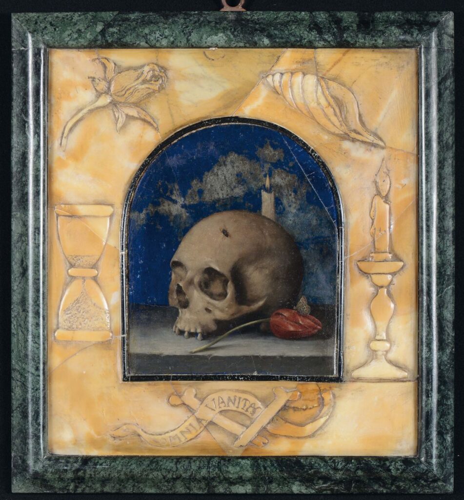 Jacopo Ligozzi (Italian, 1547–1627), Vanitas Still Life with a Fly, Skull, and Candle, and Butterfly Resting on a Tulip, early 17th century, oil on lapis lazuli, 8 1/2 × 7 1/4 in. (22 × 18 cm). Location Unknown