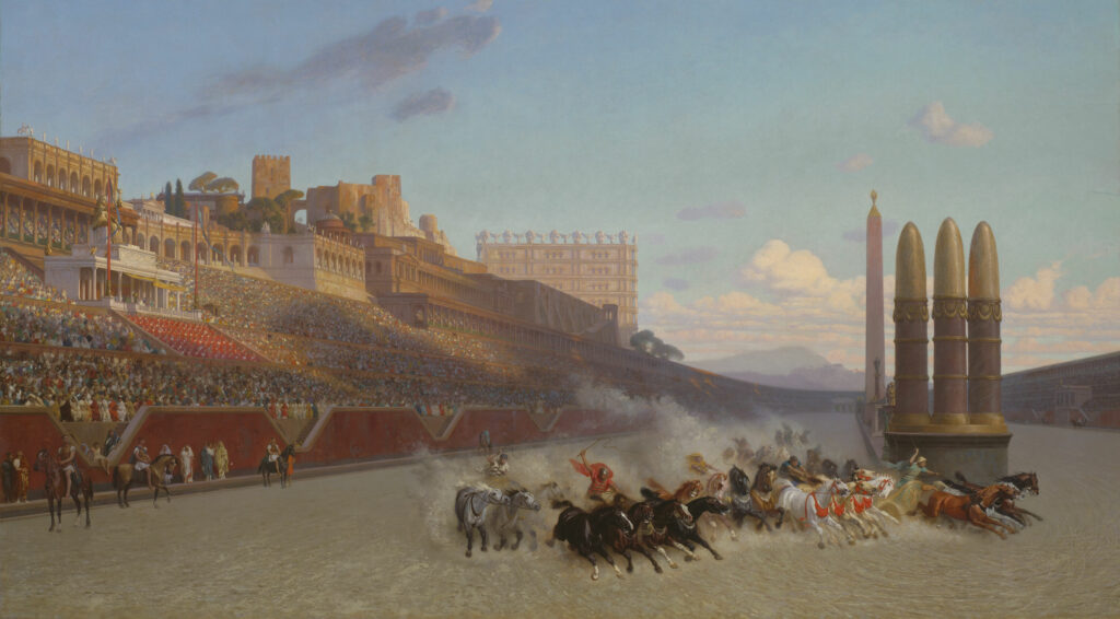 Jean-Léon Gérôme, Chariot Race, 1876, oil on cradled panel, 34 × 61 7/16 in. (86.3 × 156 cm). The Art Institute of Chicago, George F. Harding Collection, acc. no. 1983.380