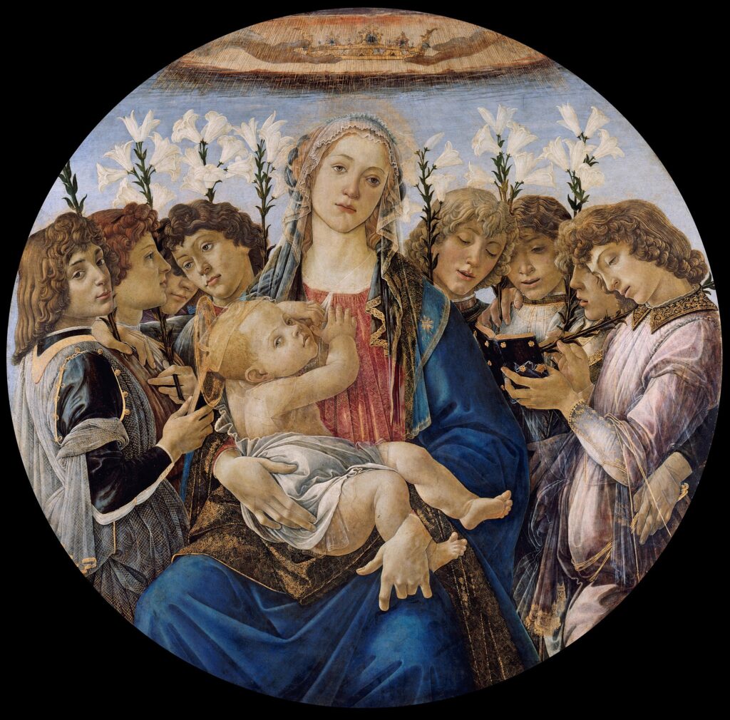 Sandro Botticelli (Italian, 1444/45‒1510), Madonna and Child with Eight Angels (Raczyński Tondo), late 1470s, tempera on panel, diam. 53 in. (136 cm). Staatliche Museen zu Berlin, Gemäldegalerie, acc. no. 102A. Credit: Berlin State Museums, Gemäldegalerie / Dietmar Gunne Public Domain Mark 1.0