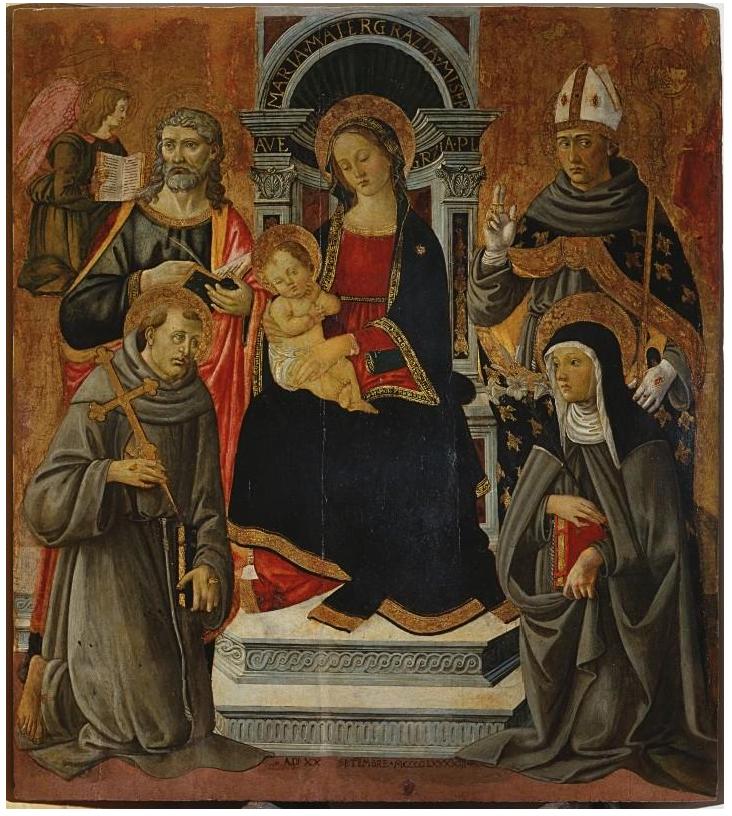 Master of 1493, Madonna and Child with Saints Matthew, Francis of Assisi, Louis of Toulouse and Clare, dated 1493, panel, 62 × 56 in. (160 × 143 cm). Museo del Cenacolo di Andrea del Sarto, Florence, inv. 1890 n. 3453