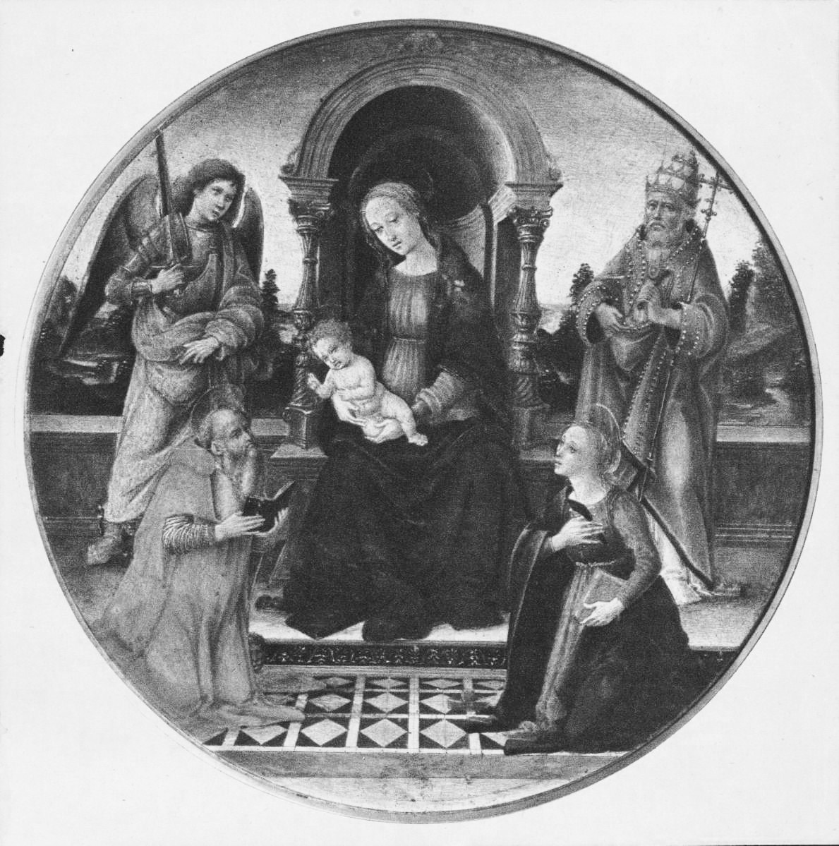 Vincenzo Frediani (Italian, 1458–1505), Madonna and Child with Saints Michael, Jerome, Ambrose (?), and Catherine of Alexandria, ca. 1485–1488, panel, diam. 14 in. (38 cm). Present whereabouts unknown