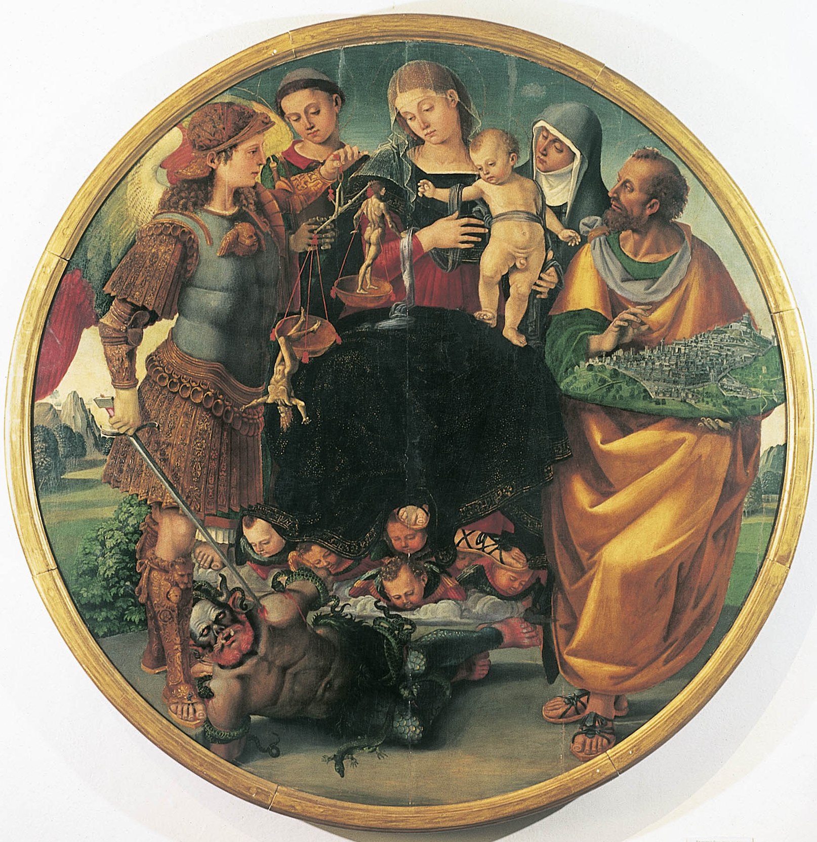 Luca Signorelli (Italian, ca. 1441 or 1450–1523), Madonna and Child with Saints Michael, Vincent of Saragossa, Margaret of Cortona, and Mark, ca. 1510–1515, panel, diam. 57 in. (146 cm). Accademia Etrusca, Cortona