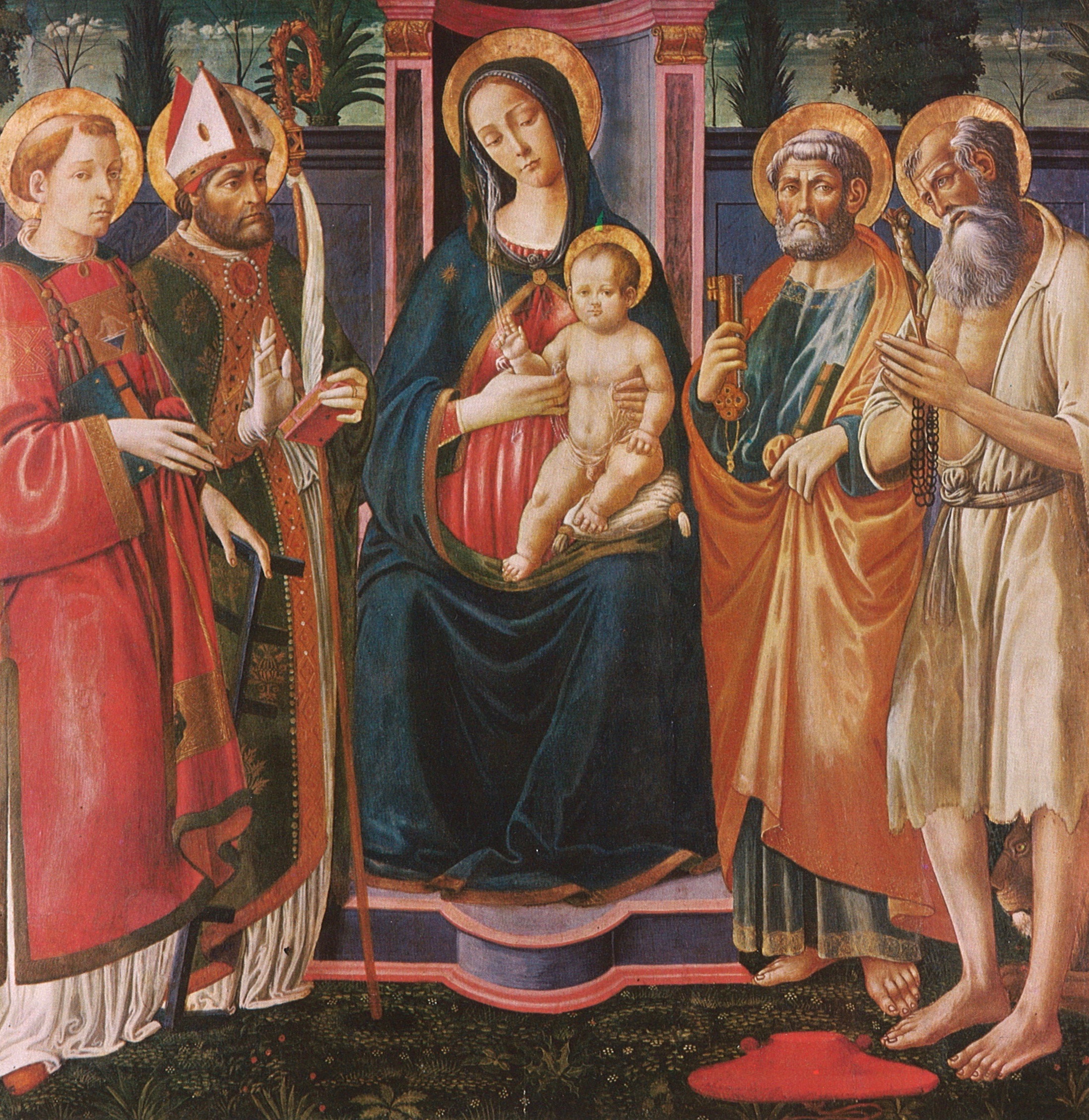 Jacopo del Sellaio (Italian, ca. 1441–1493), Madonna and Child with Saints Lawrence, Frediano, Peter, and Jerome, after 1486, panel, 59 × 58 in. (152 × 148 cm). Present whereabouts unknown