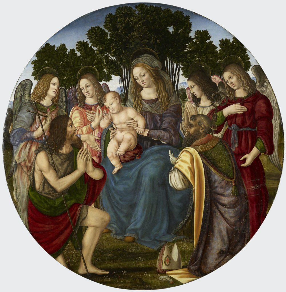 Master of the Johnson Magdalen (Italian, active ca. 1485–1515), Madonna and Child with Four Angels, Saints John the Baptist and Zenobius, ca. 1492, oil on panel, diam. 46 in. (117.1 cm). Buckingham Palace, Royal Collection, London, acc. no. RCIN 405685