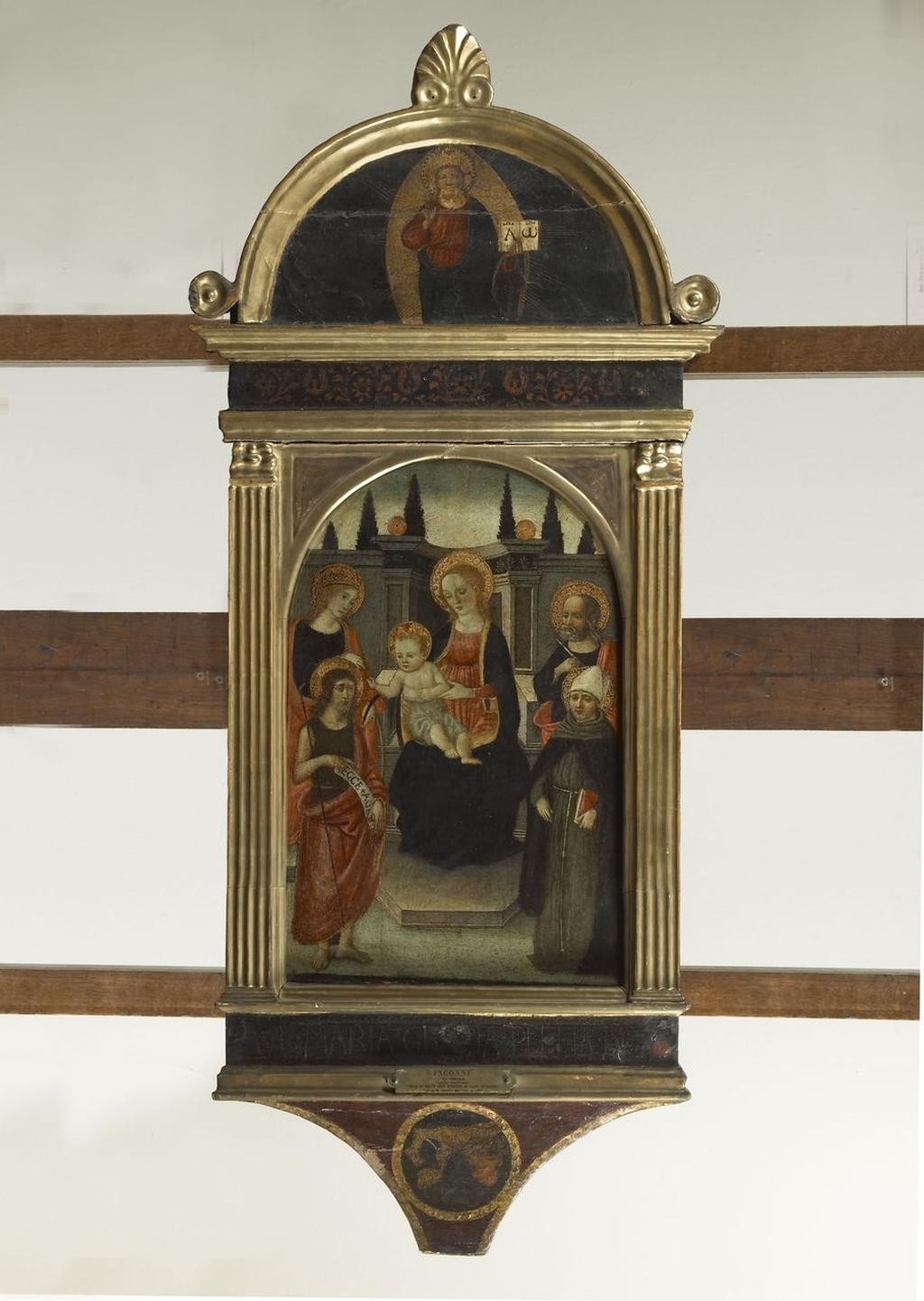 Master of 1493, Marriage of Saint Catherine of Alexandria with Saints John the Baptist, Louis of Toulouse, and Peter; lunette: God the Father, mid- to late 1480s, panel, 22 1/4 × 11 13/16 in. (56.5 × 30 cm). Palais des Beaux-Arts, Lille, acc. no. 804