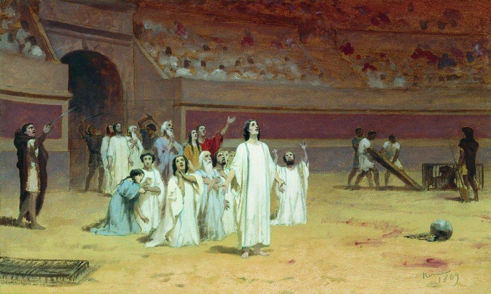 Fedor Bronnikov (Russian, 1827–1902), Martyrs in the Arena, 1869, oil on cardboard, 16. 8 × 10 in. (42.7 × 25.5 cm). Museum of Local History, Shadrinsk