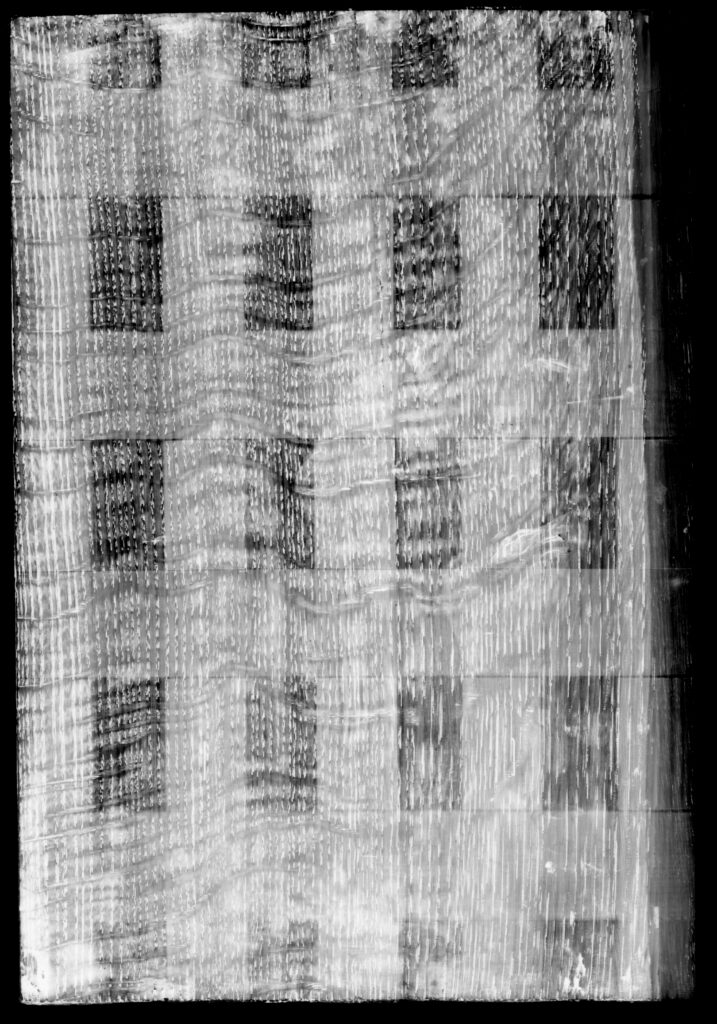 Medullary rays or flecking patterns visible as wavy lines in X-radiography of Black Youths Smoking in a Tavern (acc. no. 37.2941). The light and dark checkered pattern results from the modern cradle attachment on the verso.