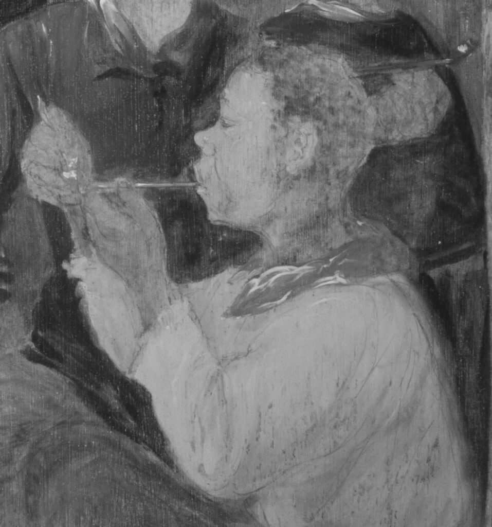 Detail of the carbon-based underdrawing visible in infrared photography of Black Youths Smoking in a Tavern (acc. no. 37.2941)