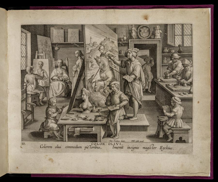 Philips Galle after Stradanus (Jan van der Straet, Flemish, 1523–1603),  Color olivi (Oil painting), Nova Reperta, ca. 1588, engraving. Newberry Library, Chicago, acc. no. W 2182, plate 15, digitized on archive.org. Caption: Colorem olivi commodum pictoribus, invenit insignis magister Eyckius (The famous Master Eyckius discovered oil as a convenience for painters)