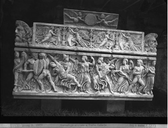 Pre-1892 image of the Sarcophagus for an Infant, now Walters Art Museum, acc. no. 23.162, on top of the Leucippidae sarcophagus, Walters Art Museum, acc. no. 23.32. Photo © Governorate of the Vatican City State—Directorate of the Vatican Museums