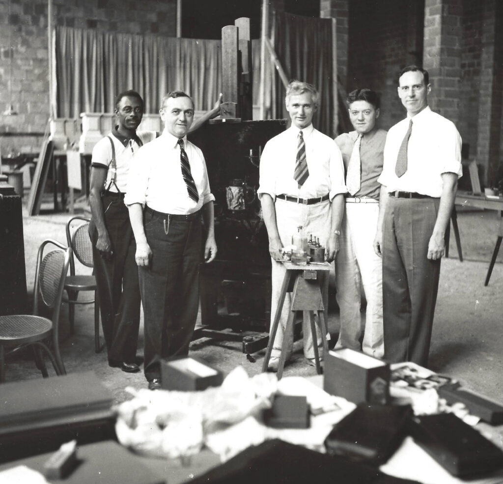 David Rosen, second from left, with Ernest Hunter, far left. Temporary Conservation space at the Philadelphia Museum of Art 1936. Courtesy of Philadelphia Museum of Art