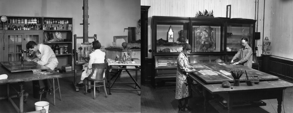 Jack Kirby at microscope and Elisabeth Packard working at easel in the lab; wax tank can be seen in back right corner (left); pair of unidentified conservators working in the lab spaces at the Walters (right)