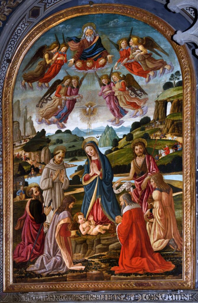 Master of the Fiesole Epiphany, Adoration of the Magi with Saints Francis, Paul, and John the Baptist, ca. 1490, tempera (?) on panel, 127 × 57 in. (325 × 145 cm). Chiesa di San Francesco, Fiesole. Peter Horree / Alamy Stock Photo