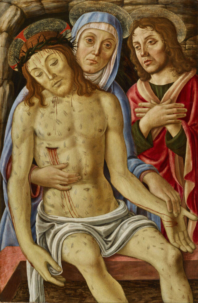 Master of the Fiesole Epiphany, Pietà, ca. 1485, tempera and oil on panel, 31 1/2 × 20 5/6 in. (80 × 51 cm). Galerie G. Sarti, Paris