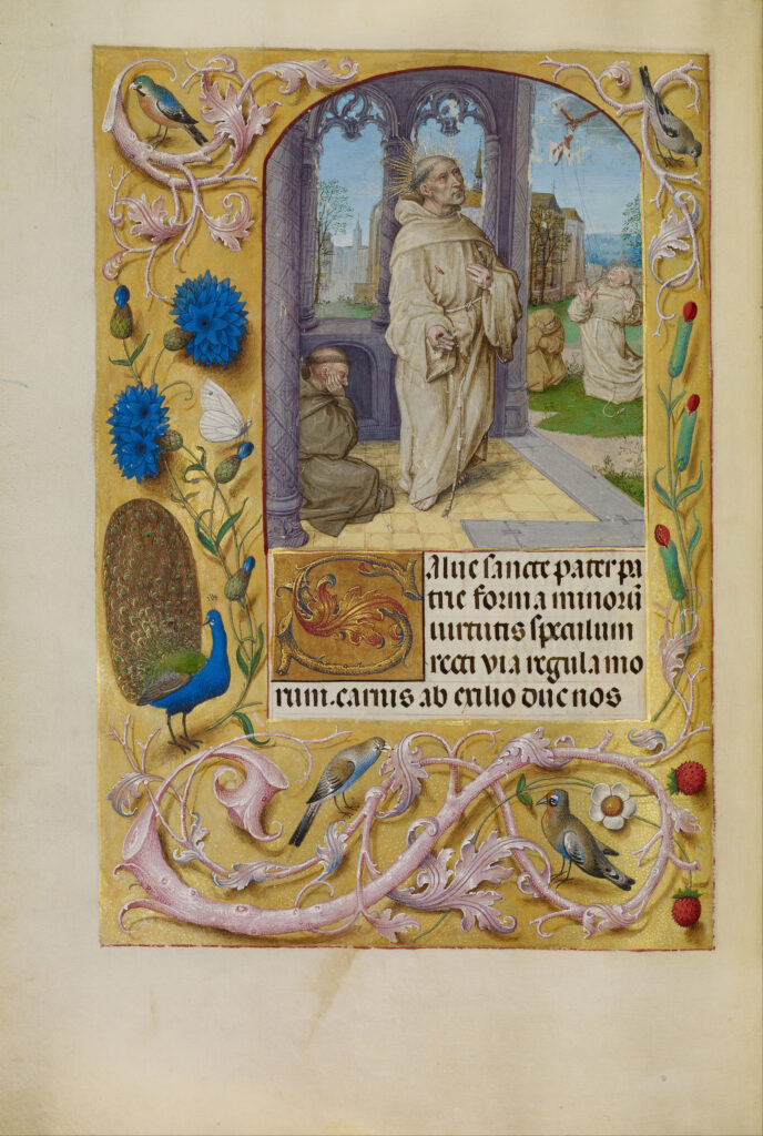 Master of the Lübeck Bible (Flemish, ca. 1485–1520), The Stigmatization of Saint Francis with Illusionistic Border from the Spinola Hours, ca. 1510–1520, tempera colors, gold, and ink, leaf: 9 1/8 × 6 9/16 in. (32.2 × 16.7 cm). J. Paul Getty Museum, Los Angeles, 1983, Museum Purchase, acc. no. Ms. Ludwig IX 18 (83.ML.114), fol. 258v