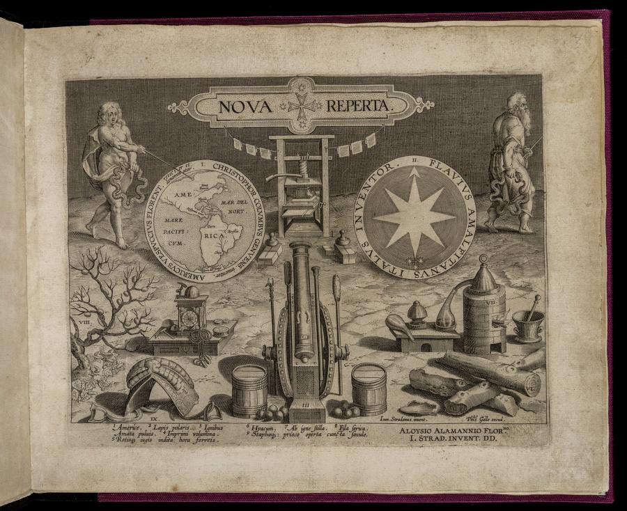 Title Plate, Nova Reperta. Caption: (I) America, (II) Magnetic Compass, (III) Gunpowder, (IV) Printing Press, (V) Iron Mechanical Clock, (VI) Guaiacum, (VII) Distillation, (VIII) Silkworm, (IX) Stirrup