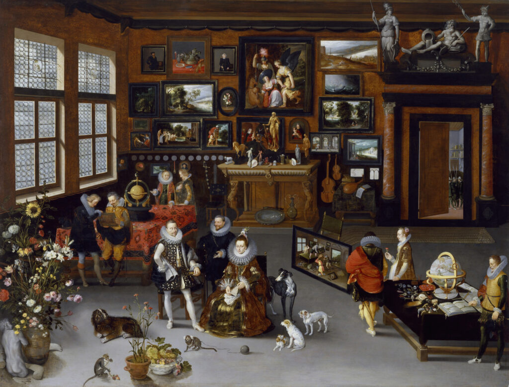 Hieronymus Francken II (Flemish 1578–1623) and Jan Brueghel the Elder (Flemish, 1568–1625), The Archdukes Albert and Isabella Visiting the Collection of Pierre Roose, ca. 1621–1623, oil on panel, 37 × 48 1/2 × 1 1/8 in. (94 × 123.19 × 2.86 cm). The Walters Art Museum, Baltimore, museum purchase, 1948, acc. no. 37.2010