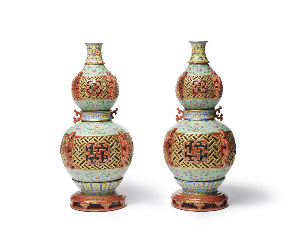 Unidentified Chinese artist, Pair of Revolving Gourd-Shaped Vases, China (Jingdezhen), reign of the Qianlong emperor (1736–1795), porcelain, overglaze enamels, and gilding, H: 16 5/16 in. (41.4 cm). Acquired by William T. or Henry Walters, before 1896, acc. nos. 49.2180 and 49.2181