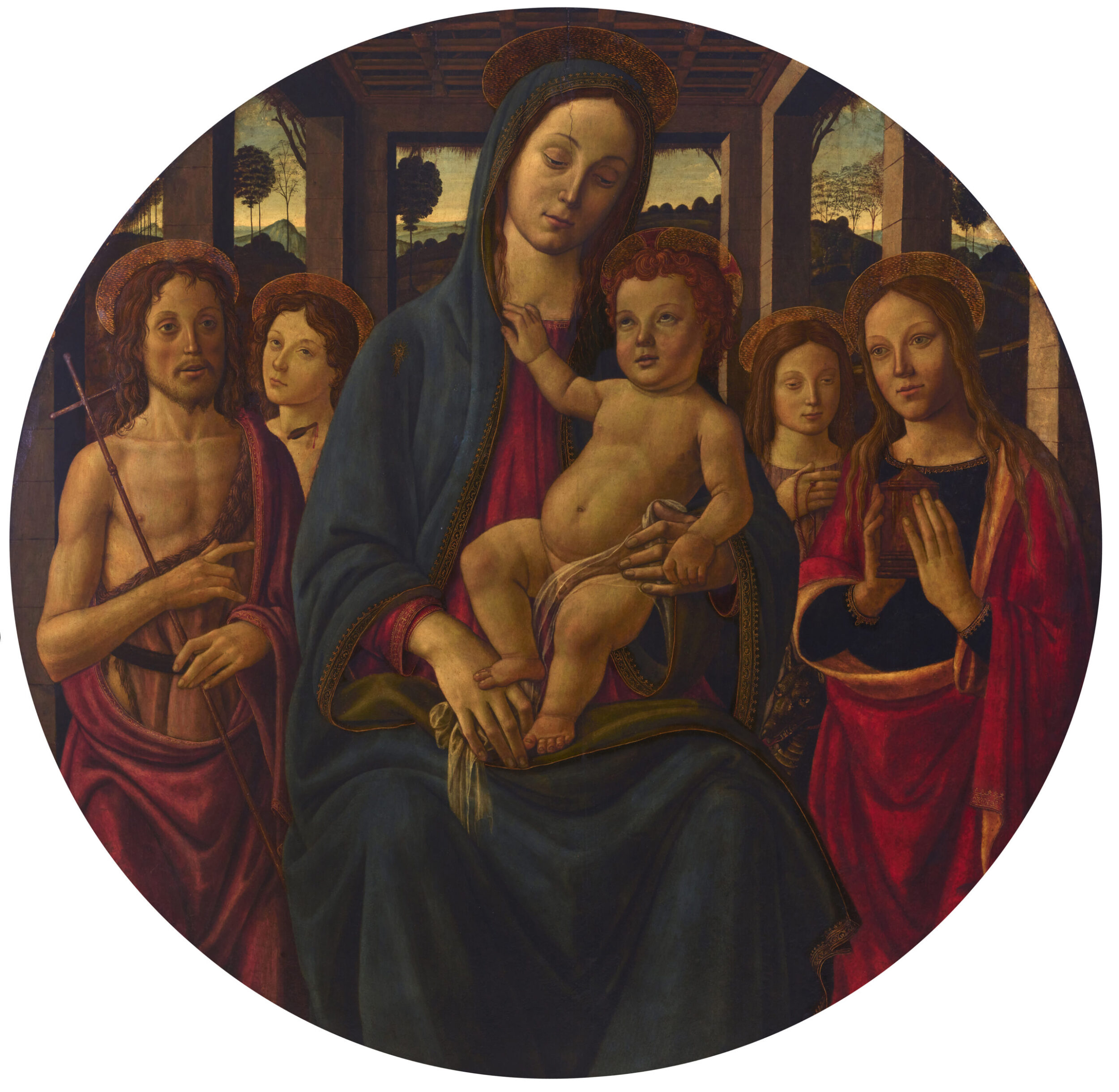 Master of the Fiesole Epiphany (Italian, active 1470‒1500), Madonna and Child with Saints John the Baptist, Sebastian, Margaret, and Mary Magdalen, late 1480s, tempera (?) on wood panel, 46 7/16 × 45 11/16 in. (118 × 117 cm). The Walters Art Museum, Baltimore, acquired by Henry Walters with the Massarenti Collection, 1902, acc. no. 37.431