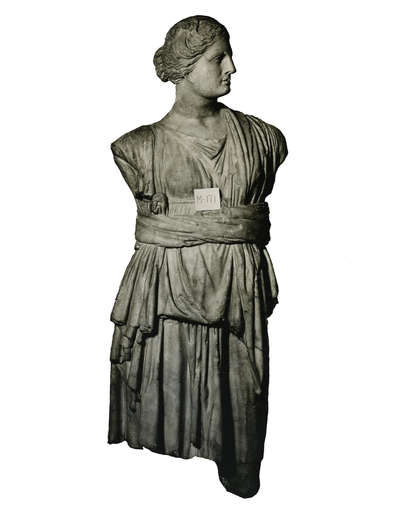 The statue when it was unpacked in 1932; this is the current condition of the statue. Unidentified Roman sculptors, Torso of Artemis with Head of Aphrodite, Italy, 1st century CE, marble, 51 9/16 × 20 1/16 × 14 9/16 in. (131 × 51 × 37 cm). The Walters Art Museum, Baltimore, acquired by Henry Walters, 1922, acc. no. 23.82