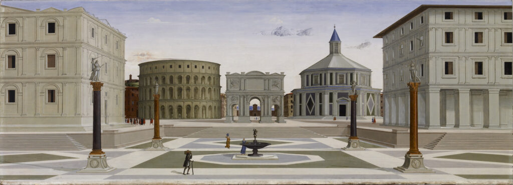 Unidentified Florentine artist, The Ideal City, ca. 1480–1484, oil and tempera on panel, 30 1/2 × 86 5/8 in. (77.4 × 220 cm). The Walters Art Museum, Baltimore, acquired by Henry Walters with the Massarenti Collection, 1902, acc. no. 37.677