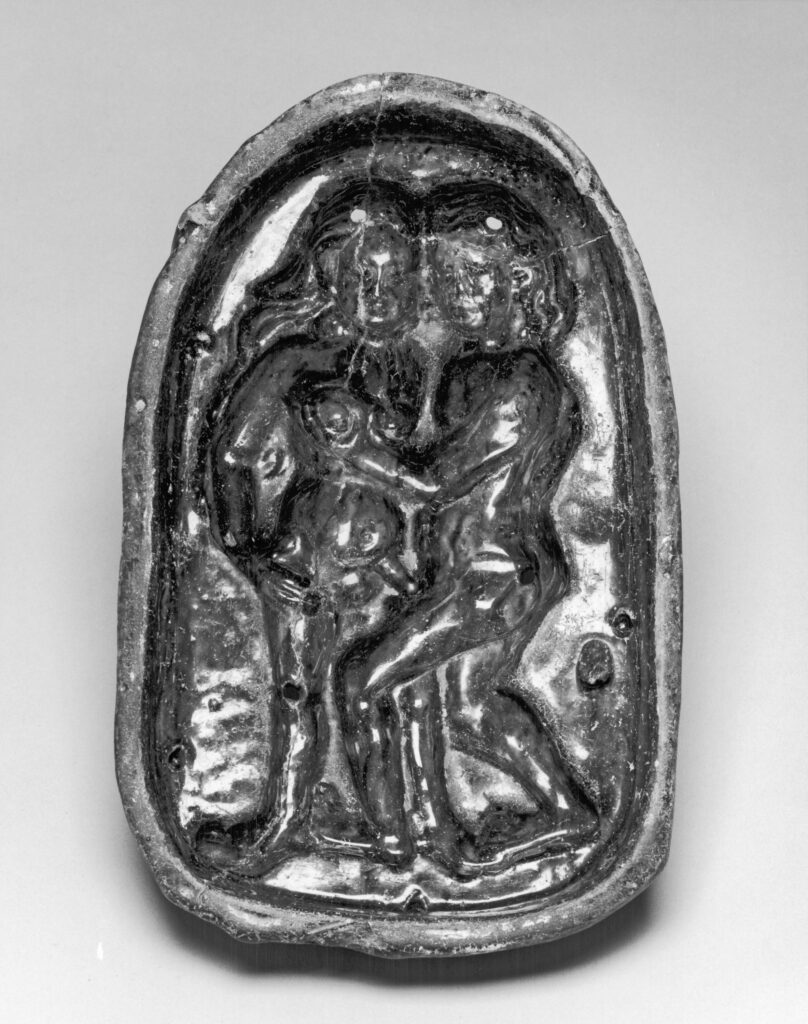 Unidentified German artist, Gingerbread Mold with Lovers, Southeast Germany or Austria, ca. 1475–1500, earthenware with lead glaze, 19 × 11.5 × 4.4 cm. The Walters Art Museum, Baltimore, museum purchase, 1973, acc. no. 48.2329