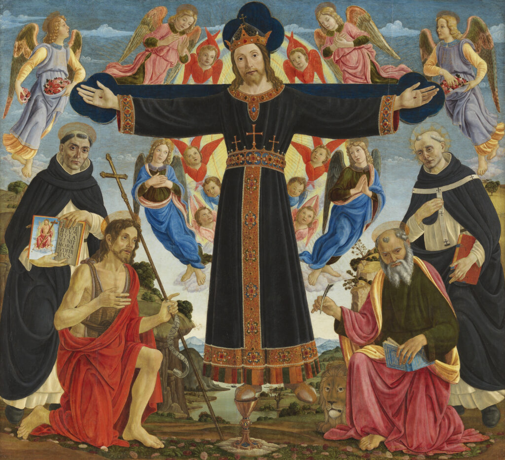 Master of the Fiesole Epiphany, Volto Santo di Lucca with Saints Vincent Ferrer, John the Baptist, Mark, and Antoninus, ca. 1481, tempera and oil (?) on panel, 72 3/4 × 79 3/4 in. (186.1 × 203.6 cm). Los Angeles County Museum of Art, gift of The Ahmanson Foundation, acc. no. M.91.242